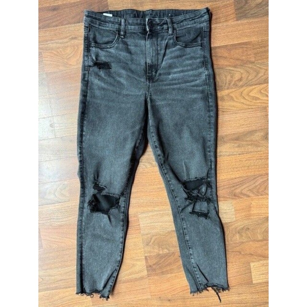 American Eagle Womens 14 SHORT Black Super Hi-Rise Jegging Distressed Denim EUC - Picture 10 of 10
